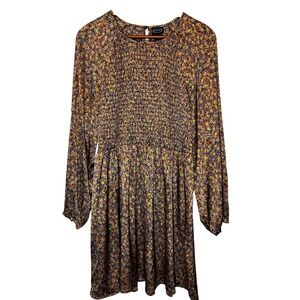 Scoop Brand Bright Floral Print Satiny Lightweight Dress Long Sleeves Womens‎ Lg